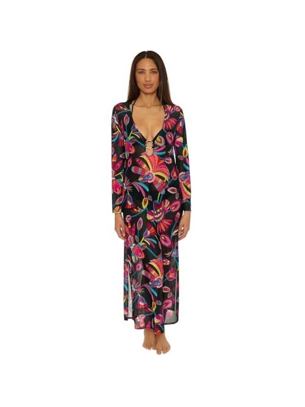 Trina Turk Black Multicolor Floral Long Swim Coverup